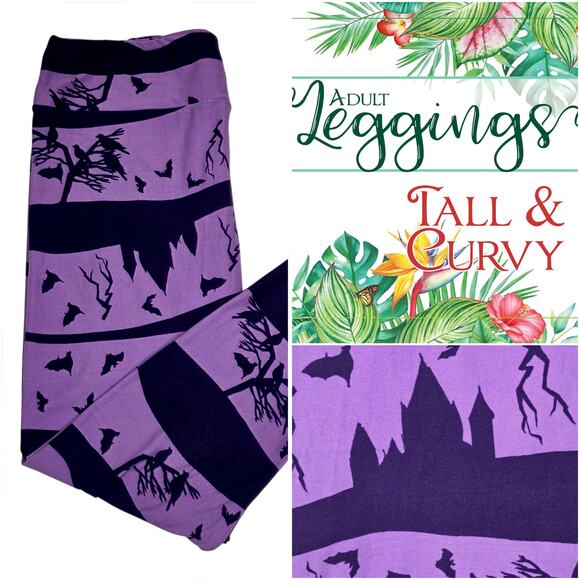 LuLaRoe TC Leggings Haunted Castle Bats Purple Halloween Tall Curvy Buttery Soft - Picture 8 of 9